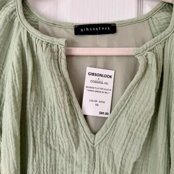 Gibsonlook Sage Green Flutter Sleeve Tiered Dress NWT - Picture 5 of 7
